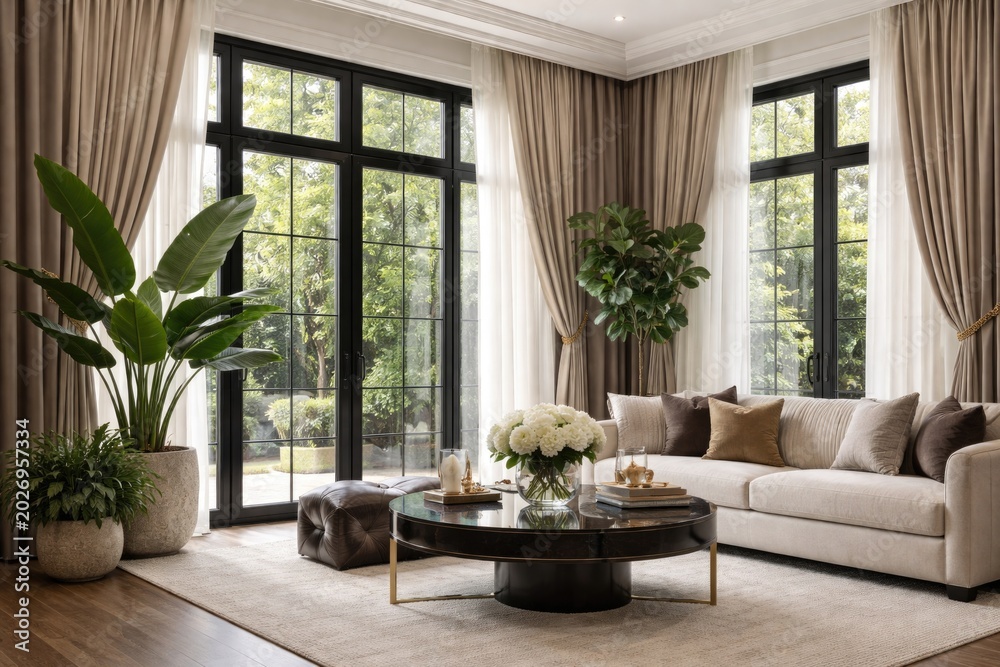 Fototapeta premium Stylish black framed windows combined with luxurious draperies and indoor potted plants in modern decor