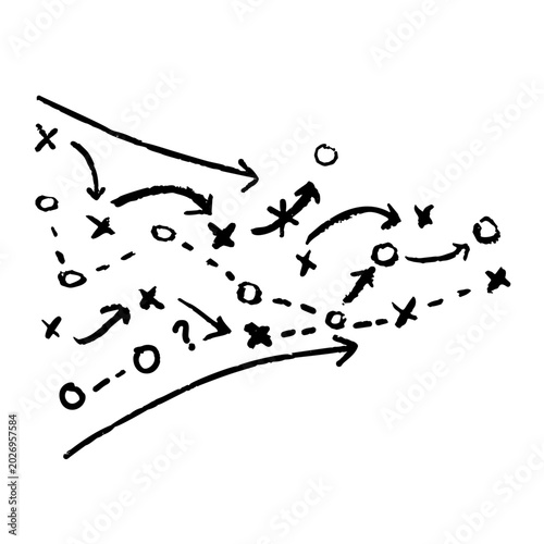 Game play diagram, hand drawn arrows crosses circles ink set. Football tactic sketch, sport strategy black white doodle. Team movement chart, direction plan collection