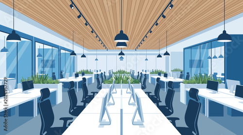 An office interior illustration depicts a wide open space with desks and chairs arranged in rows under a wooden ceiling.