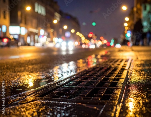 Rainy street grate at night
