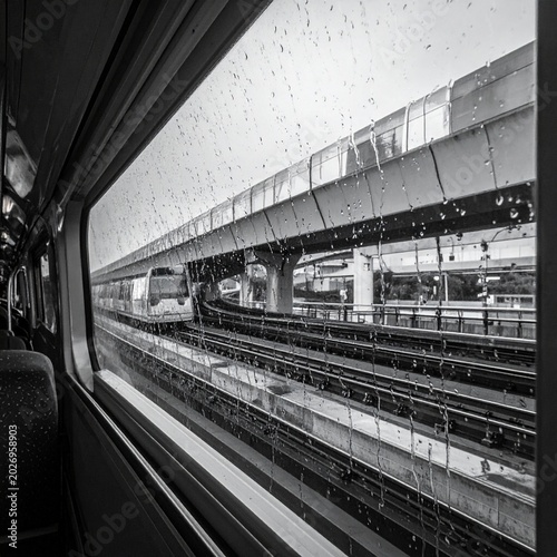 Rainy train window view