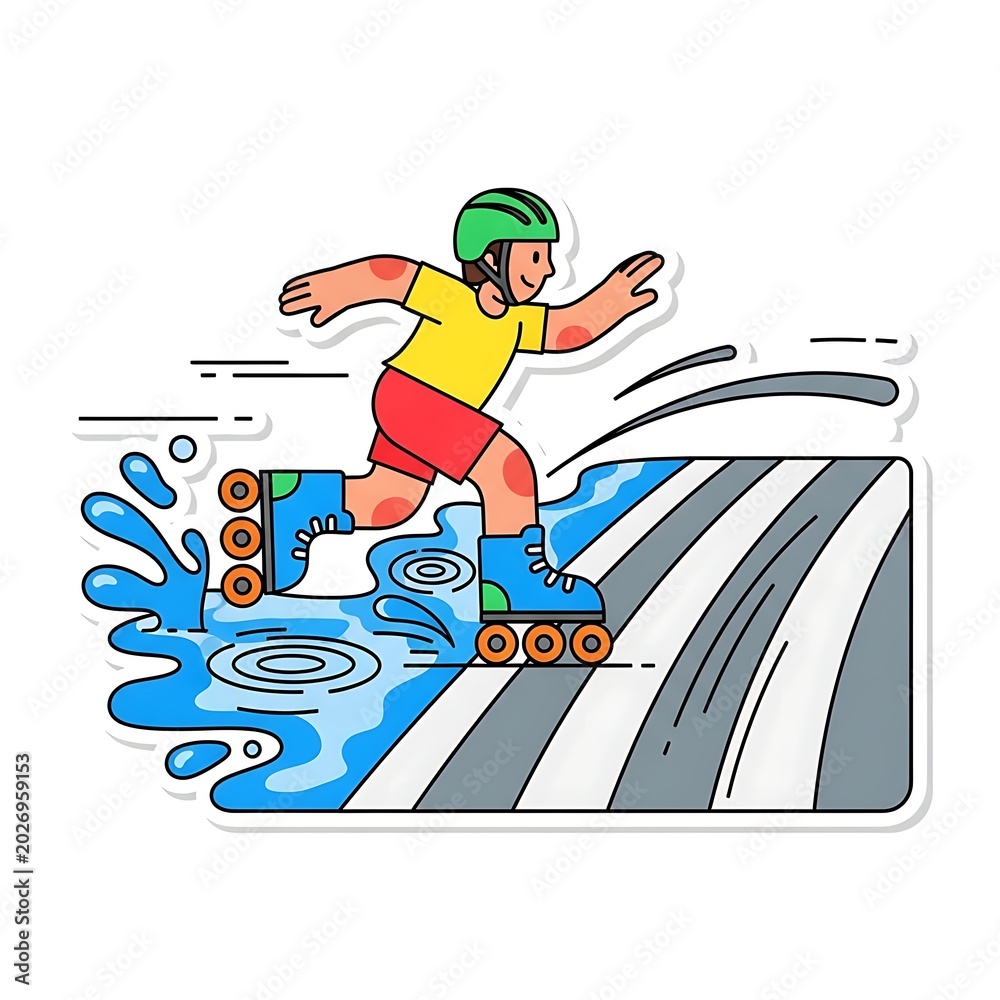 Fototapeta premium Person on roller skates splashes through water on a wavy, striped path