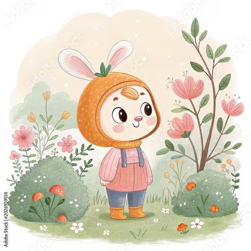 Cute bunny child watercolor illustration in floral garden, whimsical nursery art, adorable rabbit costume character, kids book design, spring greeting card concept