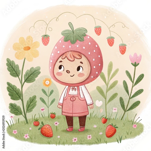 Cute strawberry girl watercolor illustration in dreamy garden, whimsical fruit costume character, nursery wall art, children storybook design, playful spring decor