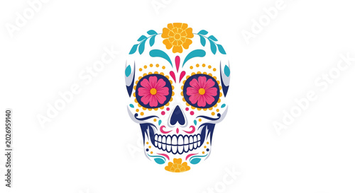 Fotografía Colorful sugar skull with floral decorations vector illustration
