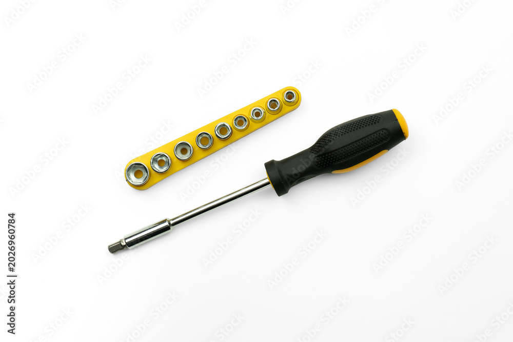 Fototapeta premium Screwdriver and socket set isolated on transparent background, repair tools cutout collection