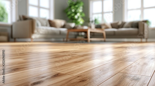 High quality photo of close up of modern living room with hardwood floor and blurred background.