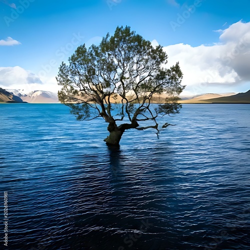 Solitary tree stands in calm blue water, distant snowy peaks, bright sky