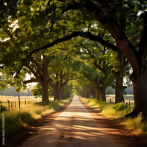 Sunlit dirt road curves through a canopy of mature trees