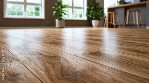 High quality photo of low angle shot focuses on luxury vinyl plank flooring inside home. Floor wood planks create warm, cozy ambiance in house interior. Laminate parquet design.