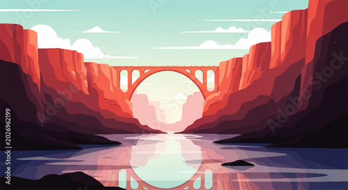 Bilde på lerret Vector flat design illustration of a majestic bridge spanning a river canyon wit