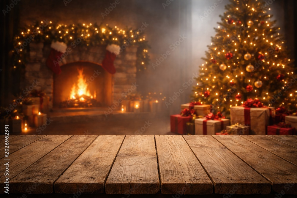 Fototapeta premium Unfilled wood board against a foggy backdrop containing a fireplace tree and gift packages copy space