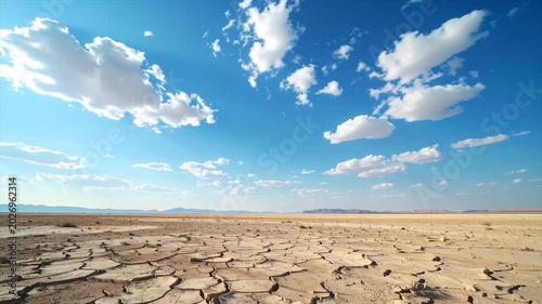 Dry Cracked Desert Ground Under Blue Sky with Clouds