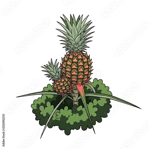 Two ripe pineapples growing on a lush green plant with spiky leaves