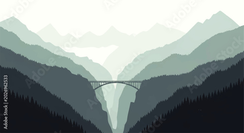 Tableau sur toile Vector flat design illustration of a scenic mountain landscape with a bridge spa