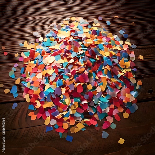 Vibrant confetti scattered across a rustic wooden surface, creating a festive and cheerful scene