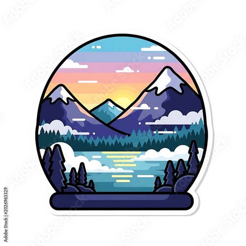Vivid mountain lake sunrise scene with layered trees and clouds