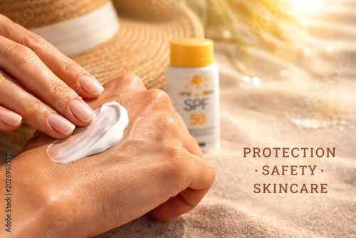 Zoomed hand image applying SPF cream highlighting skin protection and sun safety with text space