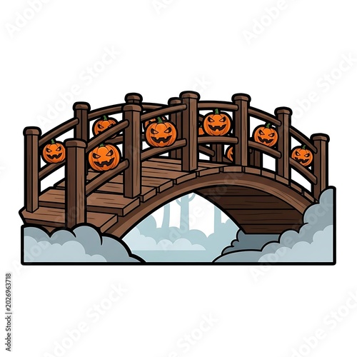Wooden bridge decorated with carved pumpkins and misty background