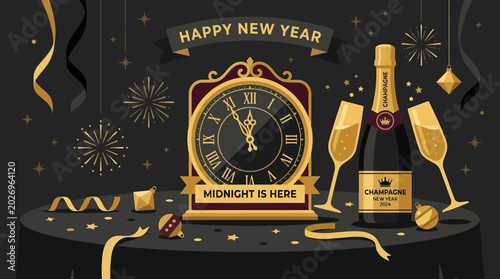 Photography New Year's Eve celebration with clock and champagne.