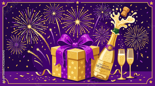 Photography New Year's Eve celebration with champagne and gift.