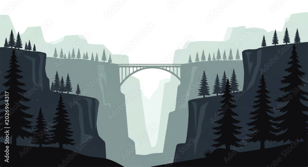 Obraz premium Vector flat design illustration of a majestic bridge spanning a deep canyon with layered mountains and pine trees