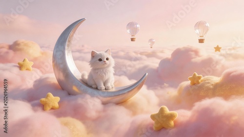 White cat on crescent moon in sky