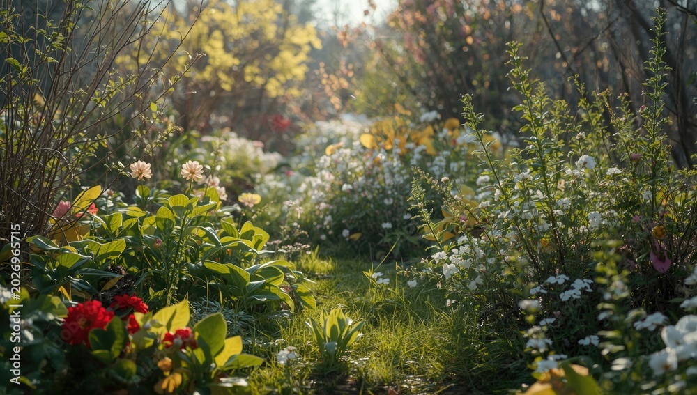 Obraz premium Bright spring nature setting with flourishing plants and fresh blooms