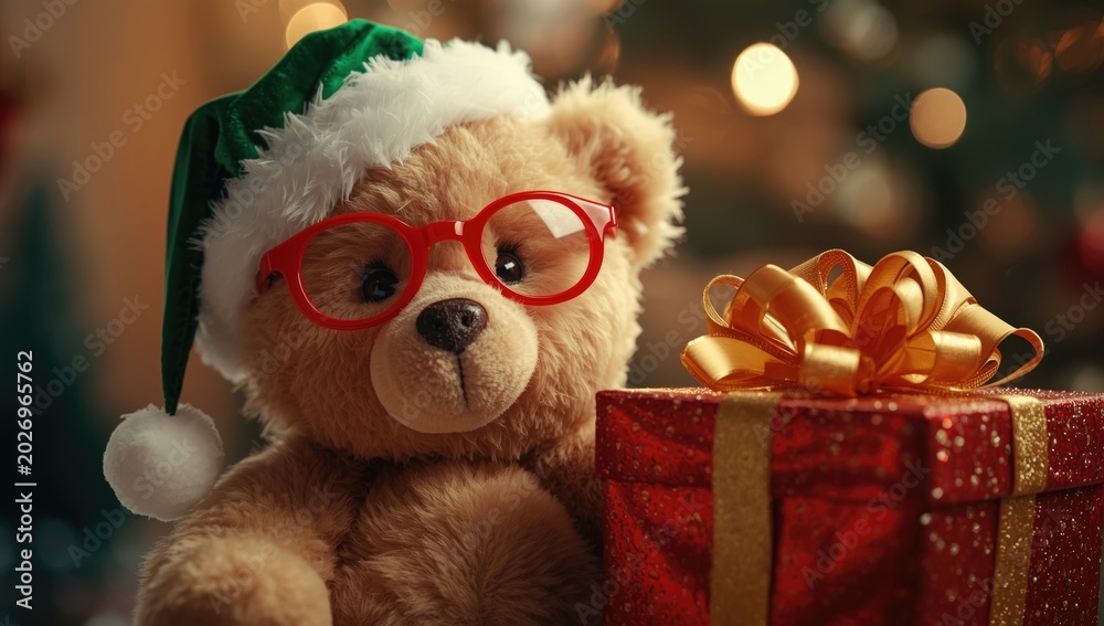 Fototapeta premium Adorable teddy bear wearing red glasses and a Christmas hat beside a festive gift box