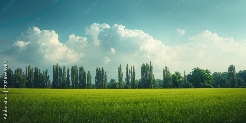 Fototapeta premium Bright summer green field with tall tree silhouettes and soft white clouds above