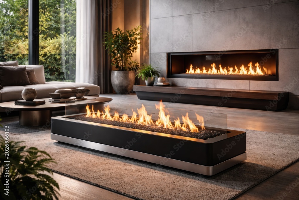 Fototapeta premium Sleek mounted biofuel fireplaces designed for modern interiors