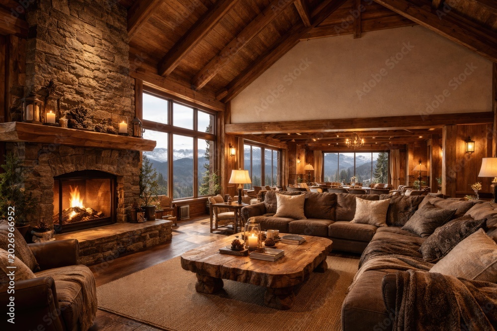 Fototapeta premium Detailed wooden mountain lodge interior with large copy space for text