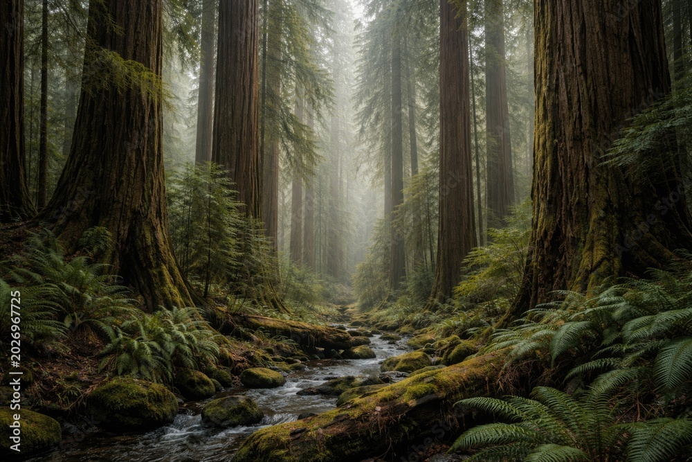 Obraz premium Old growth redwood forest thriving under moist coastal climate