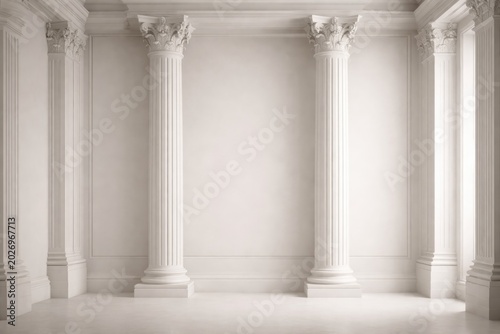 White plaster columns and pilasters standing before a minimal gypsum background