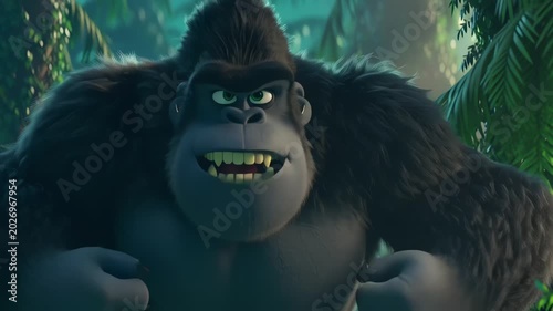 Gorilla in Dense Jungle Staring Intently in Lush Greenery