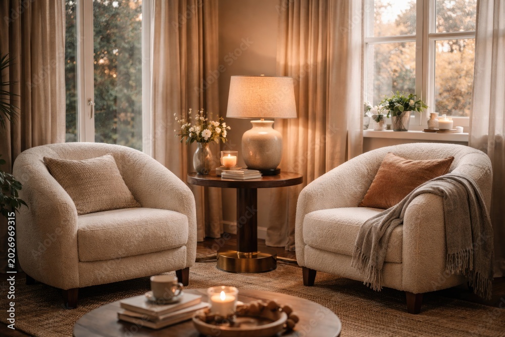 Fototapeta premium snug living room setup with comfy armchairs and a chic side table