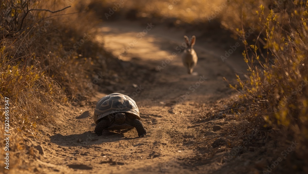 Obraz premium An enduring parable contrasting the patience of a tortoise with the agility of a hare