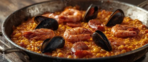 Obraz  z motywem Authentic seafood paella with chorizo shrimp and mussels served in a classic wooden pan