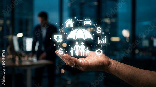 Hand Holding Digital Insurance Protection Icons for Family and Assets