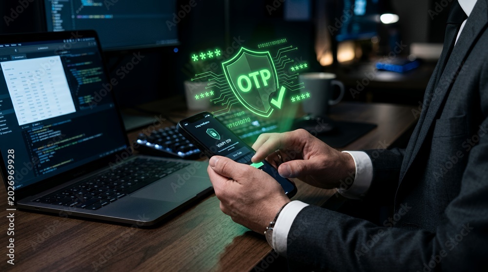 Fototapeta premium Businessman using two factor authentication with OTP on smartphone