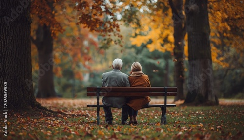 There are two people sitting on a bench in the middle of a park