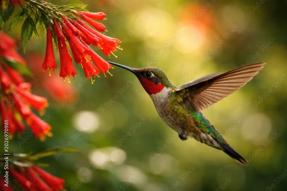 Fototapeta premium Side view of hummingbird hovering by a red tubular flower