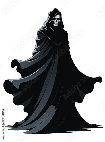 Photos A hooded skeleton with glowing red eyes in a dark alleyway,