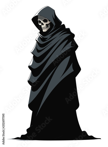 Fotografia A hooded skeleton with glowing red eyes in a dark alleyway,