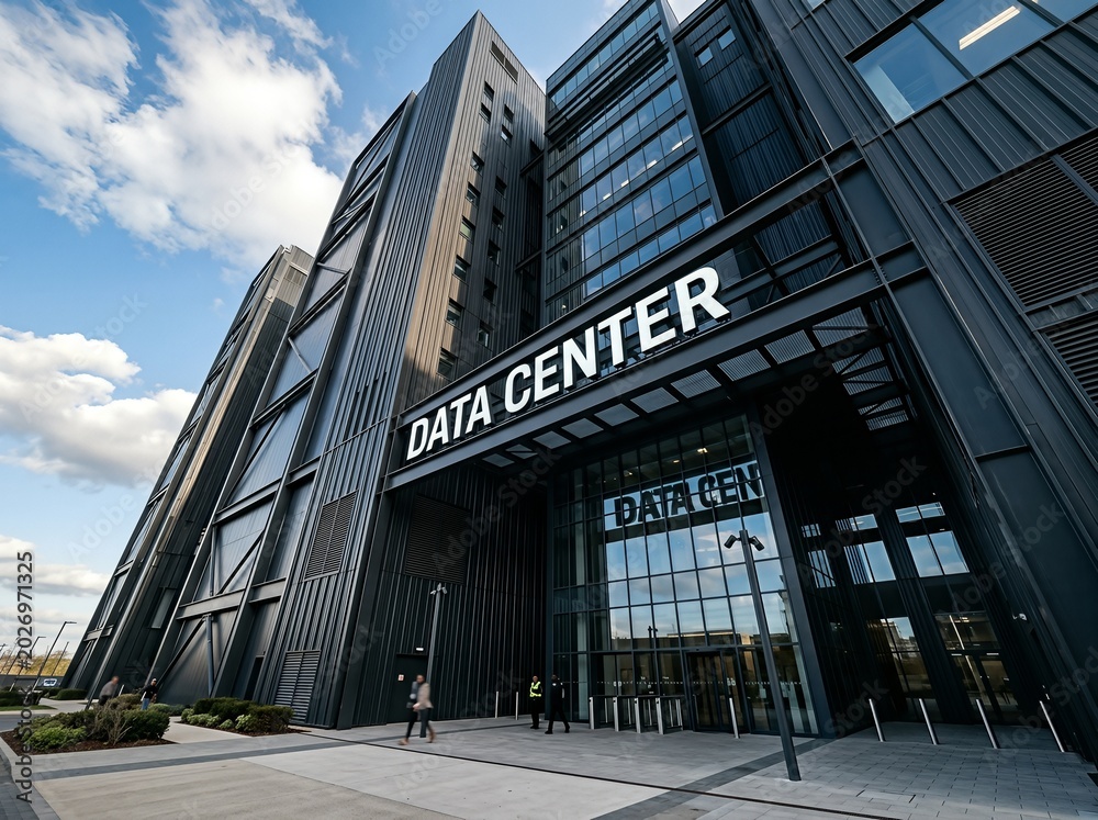 Obraz premium A modern data center building with a reflective glass facade under a clear sky.