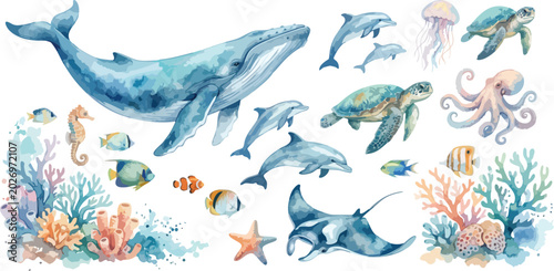 Watercolor Sea Animals Underwater Vector Illustration