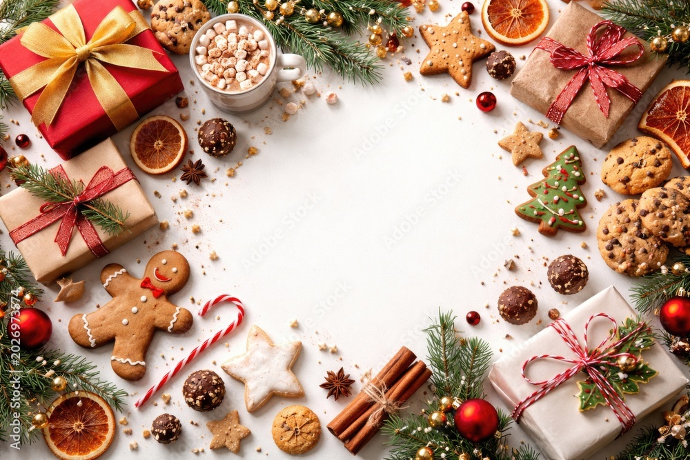 Fototapeta premium Joyful holiday treats and wrapped gifts arranged on white backdrop with copy space for celebration message