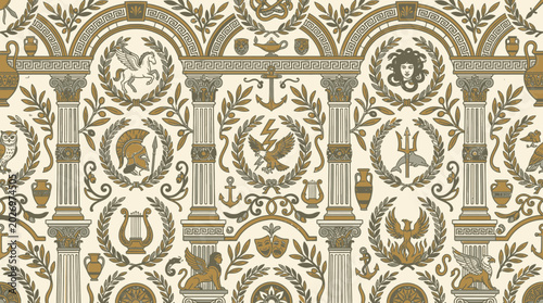 Fotografie Flat vector Greek mythology seamless pattern, columns, laurel leaves and ancient