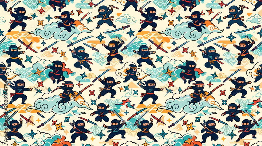 Fototapeta premium Flat vector ninja seamless pattern, ninja stars, swords and Japanese clouds, colorful modern illustration