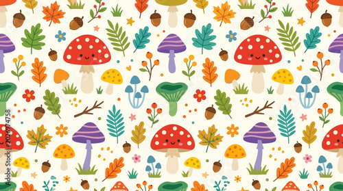Schilderij op canvas Cute mushroom seamless pattern flat vector